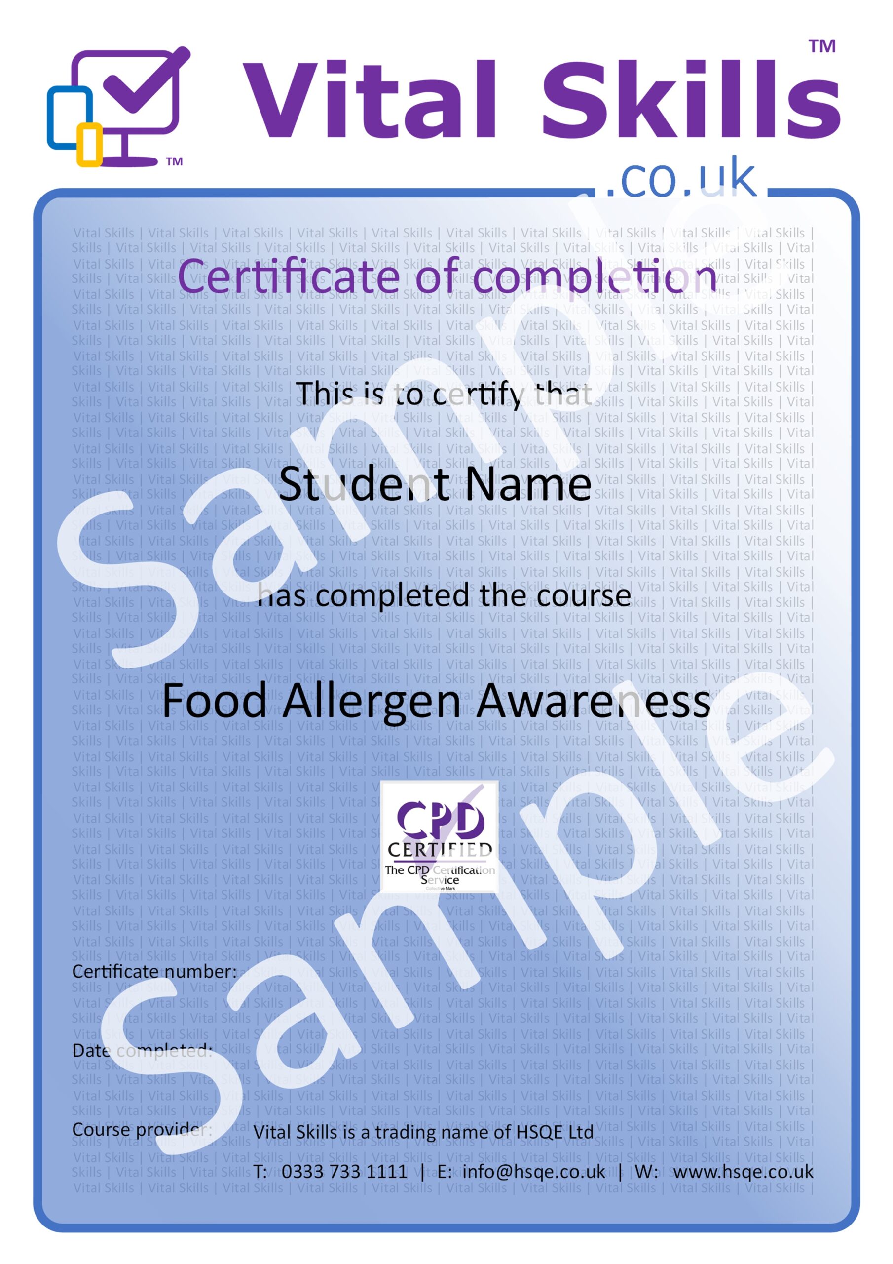 Food Allergen Awareness Online Training Course Certificate HSQE Vital Skills