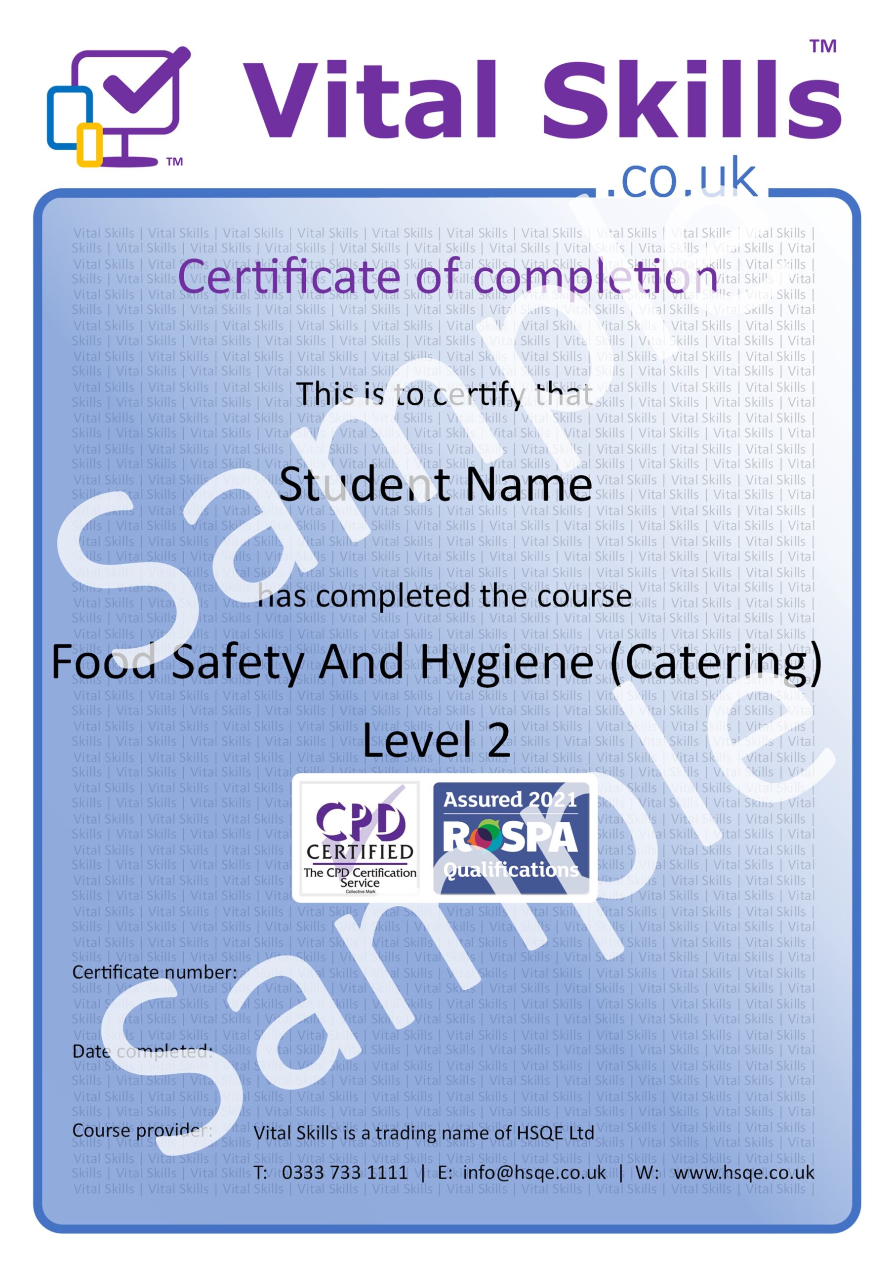 Food Safety And Hygiene Catering Level 2 Online Training Course Certificate HSQE Vital Skills