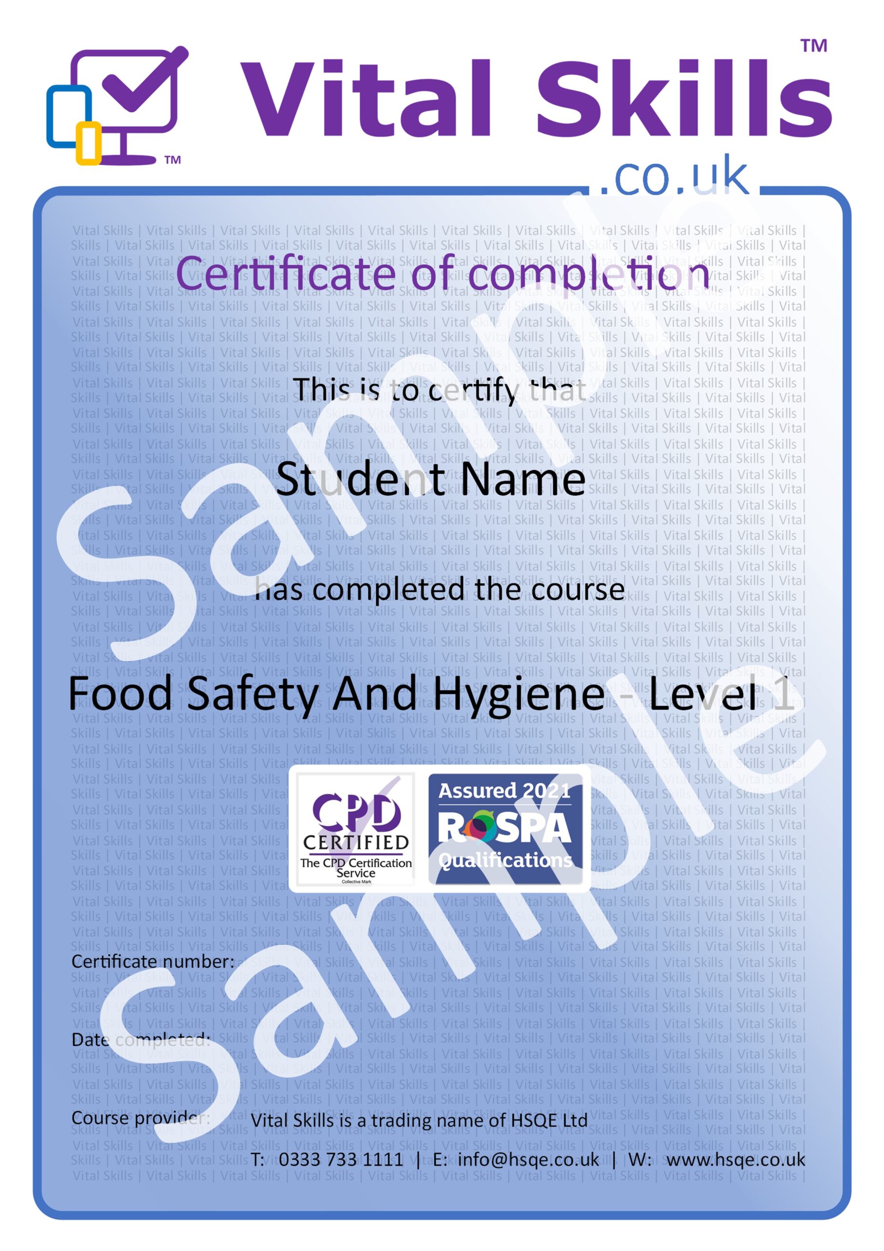 Food Safety And Hygiene - Level 1 Online Training Course Certificate HSQE Vital Skills