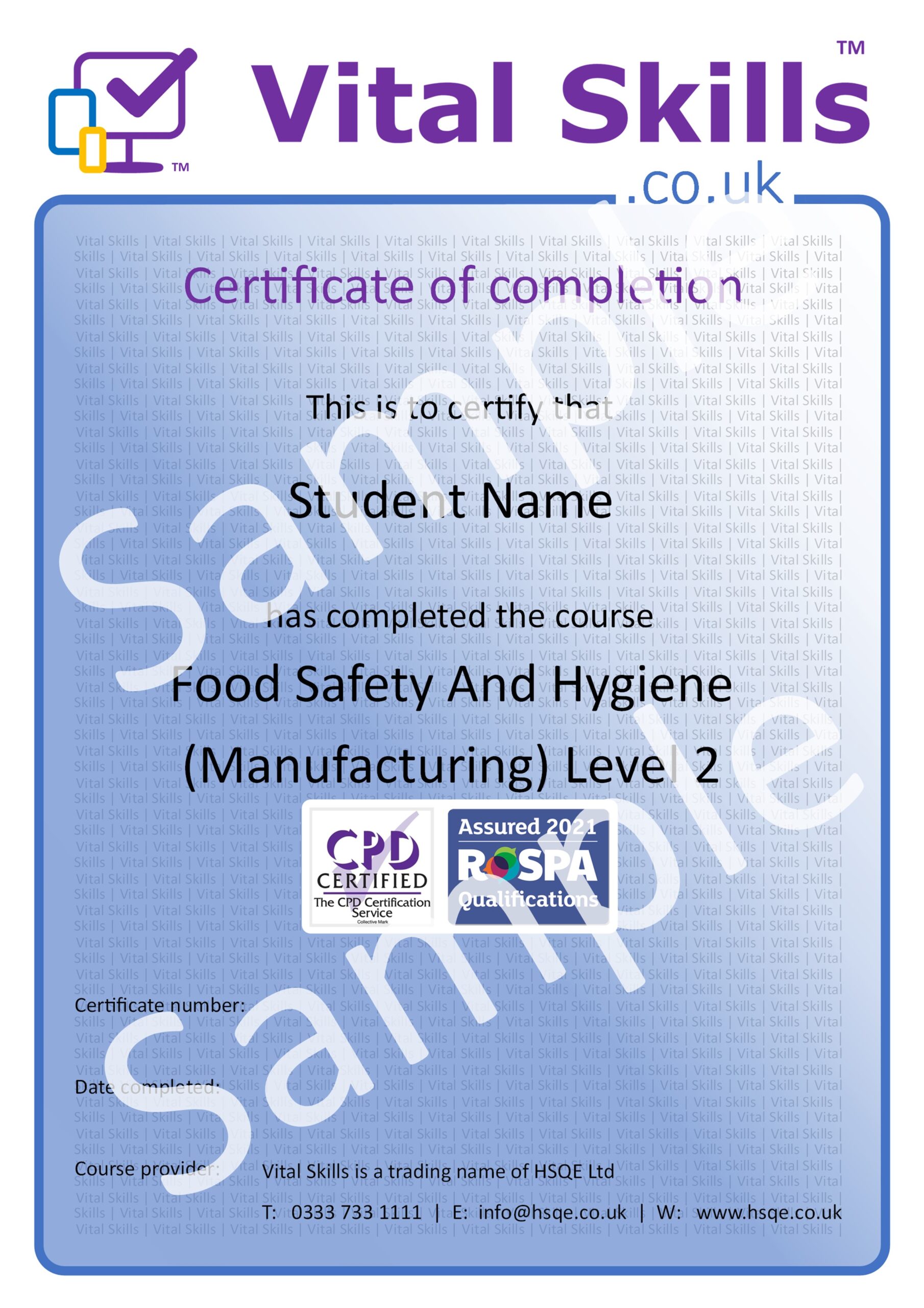 Food Safety And Hygiene Manufacturing Level 2 Online Training Course Certificate HSQE Vital Skills