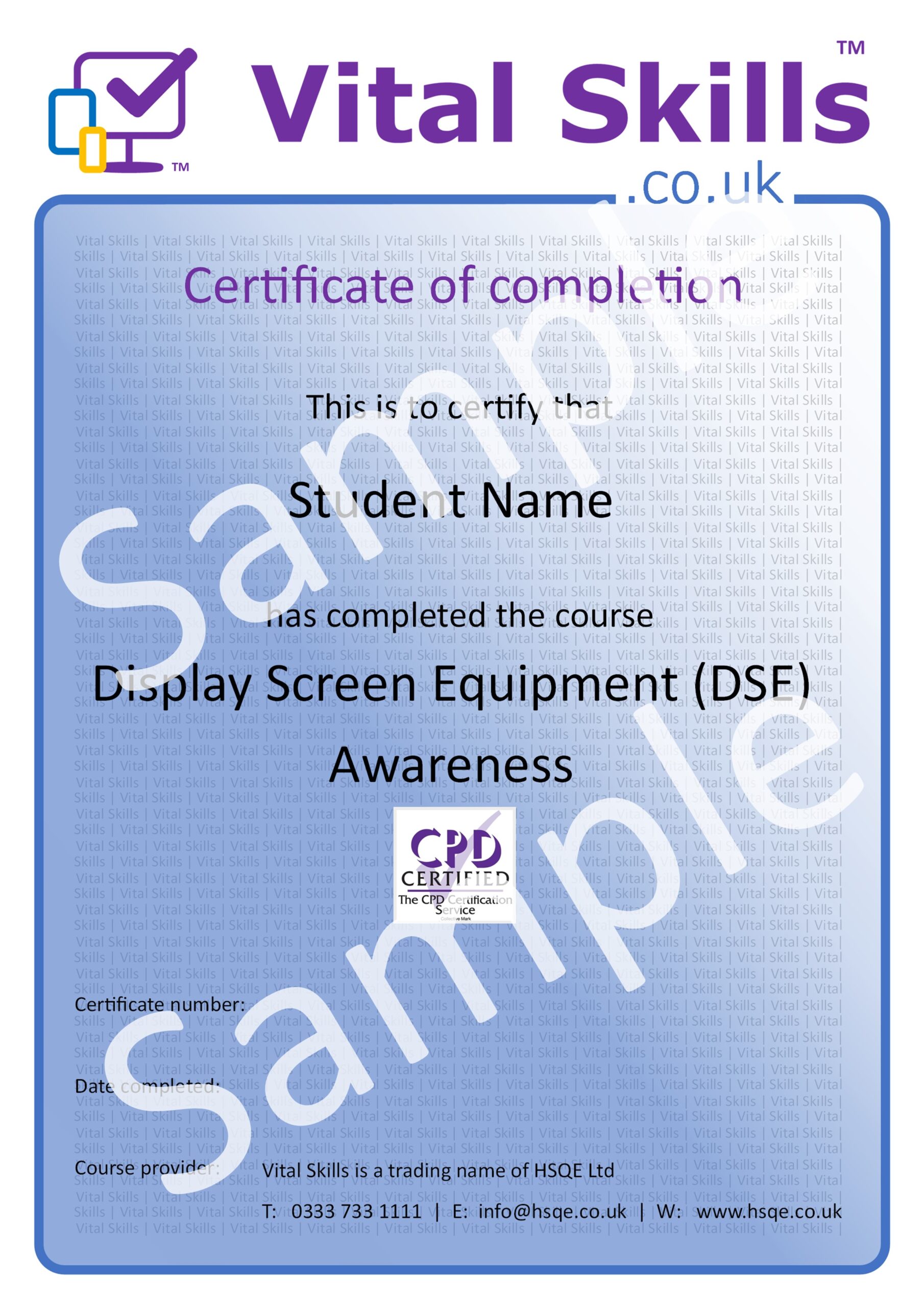 Display Screen Equipment DSE Awareness Online Training Course Certificate HSQE Vital Skills