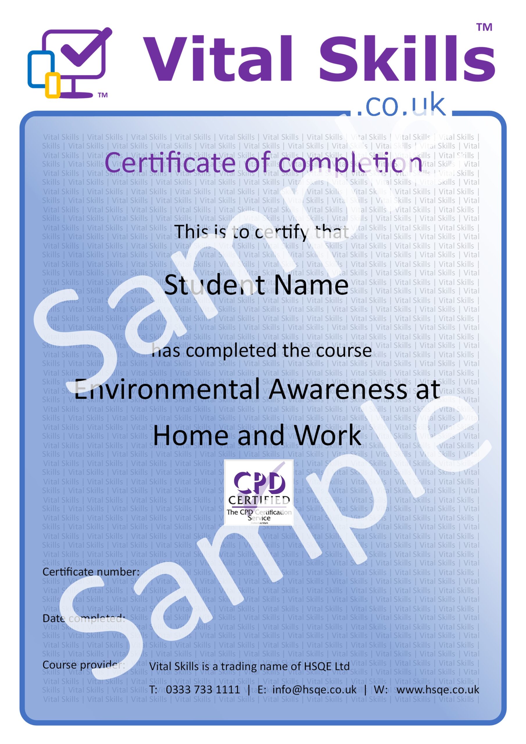Environmental Awareness at Home and Work Online Training Course Certificate HSQE Vital Skills