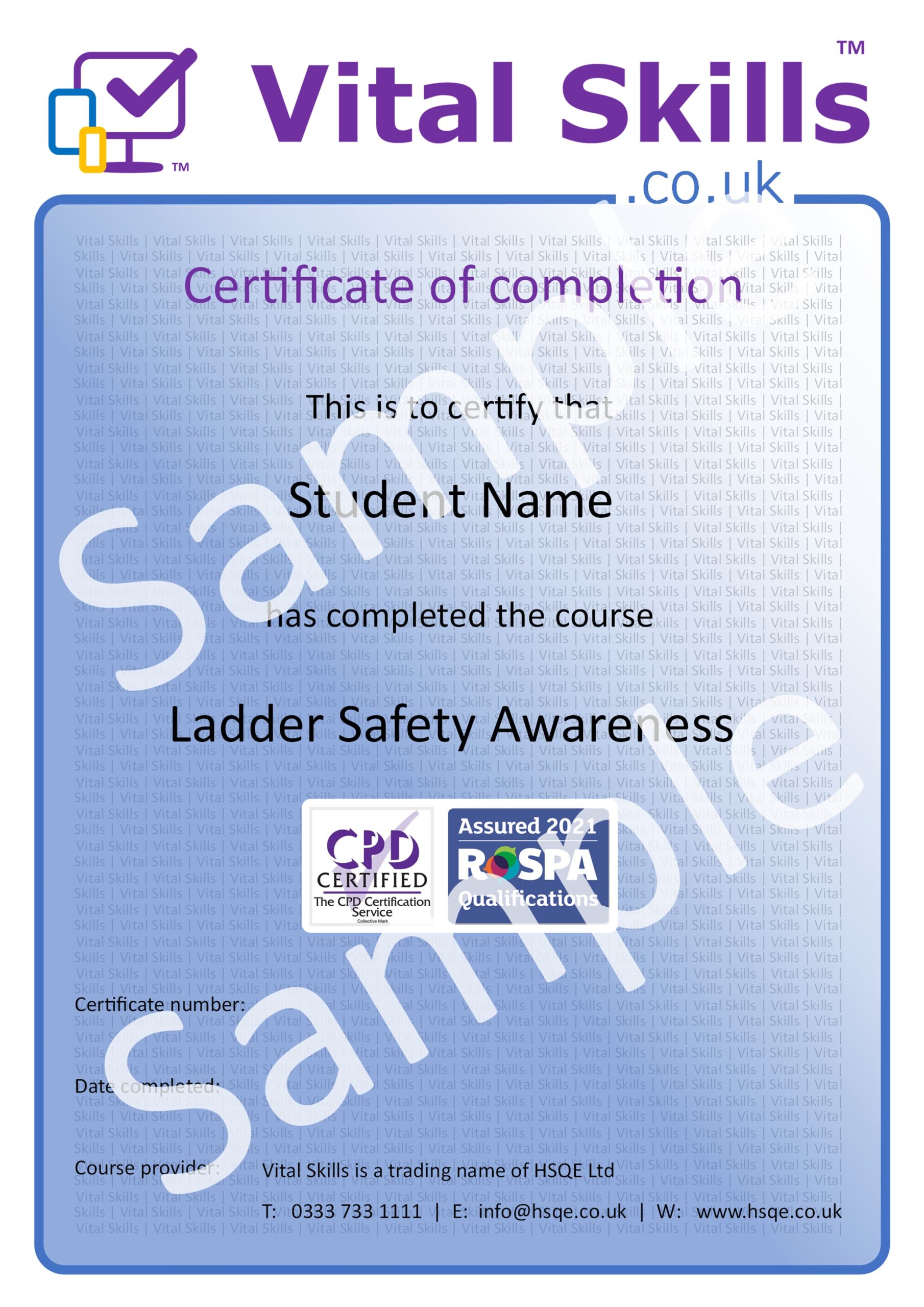 Ladder Safety Awareness Online Training Course Certificate HSQE Vital Skills