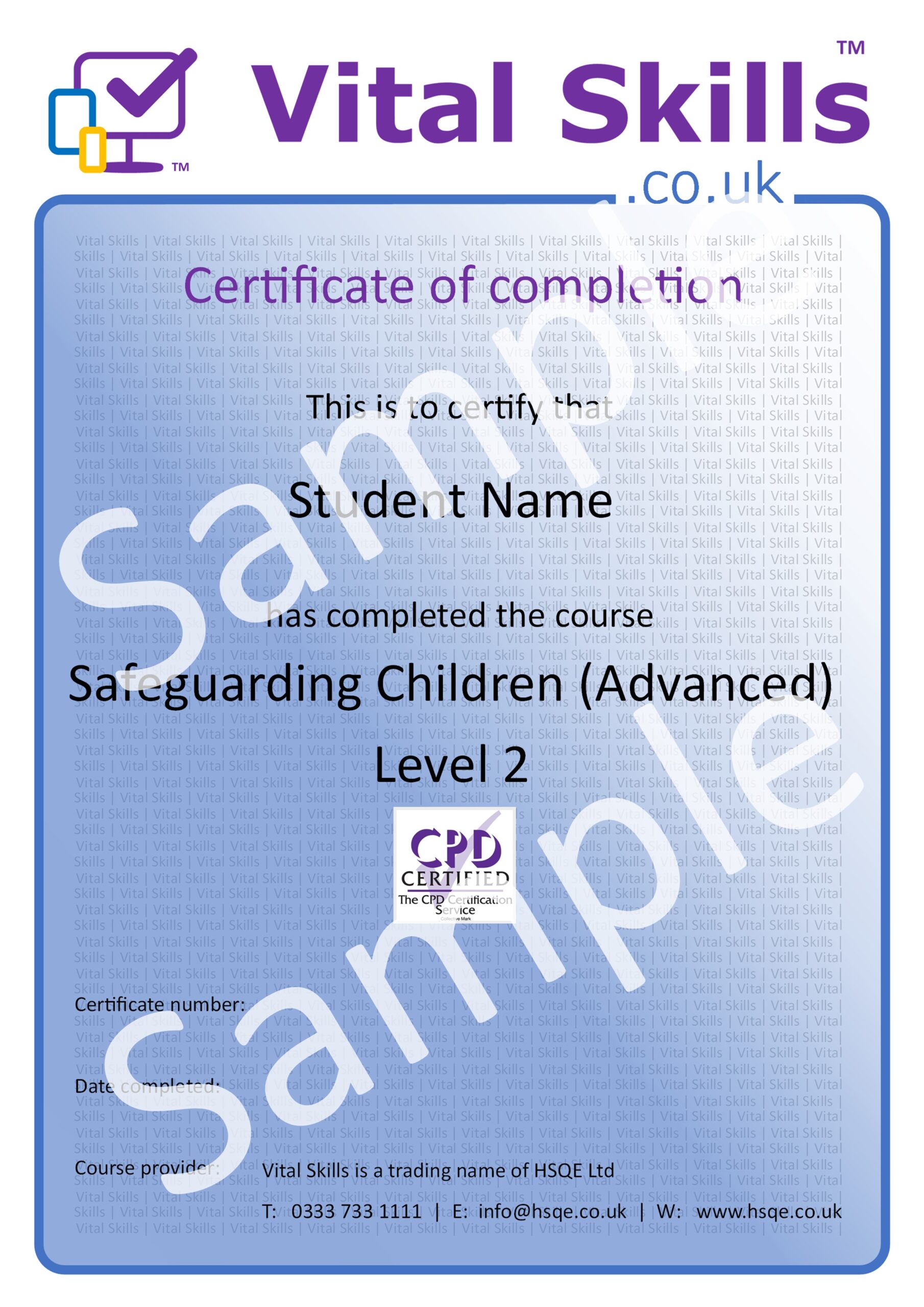 Safeguarding Children Advanced Level 2 Online Training Course Certificate HSQE Vital Skills