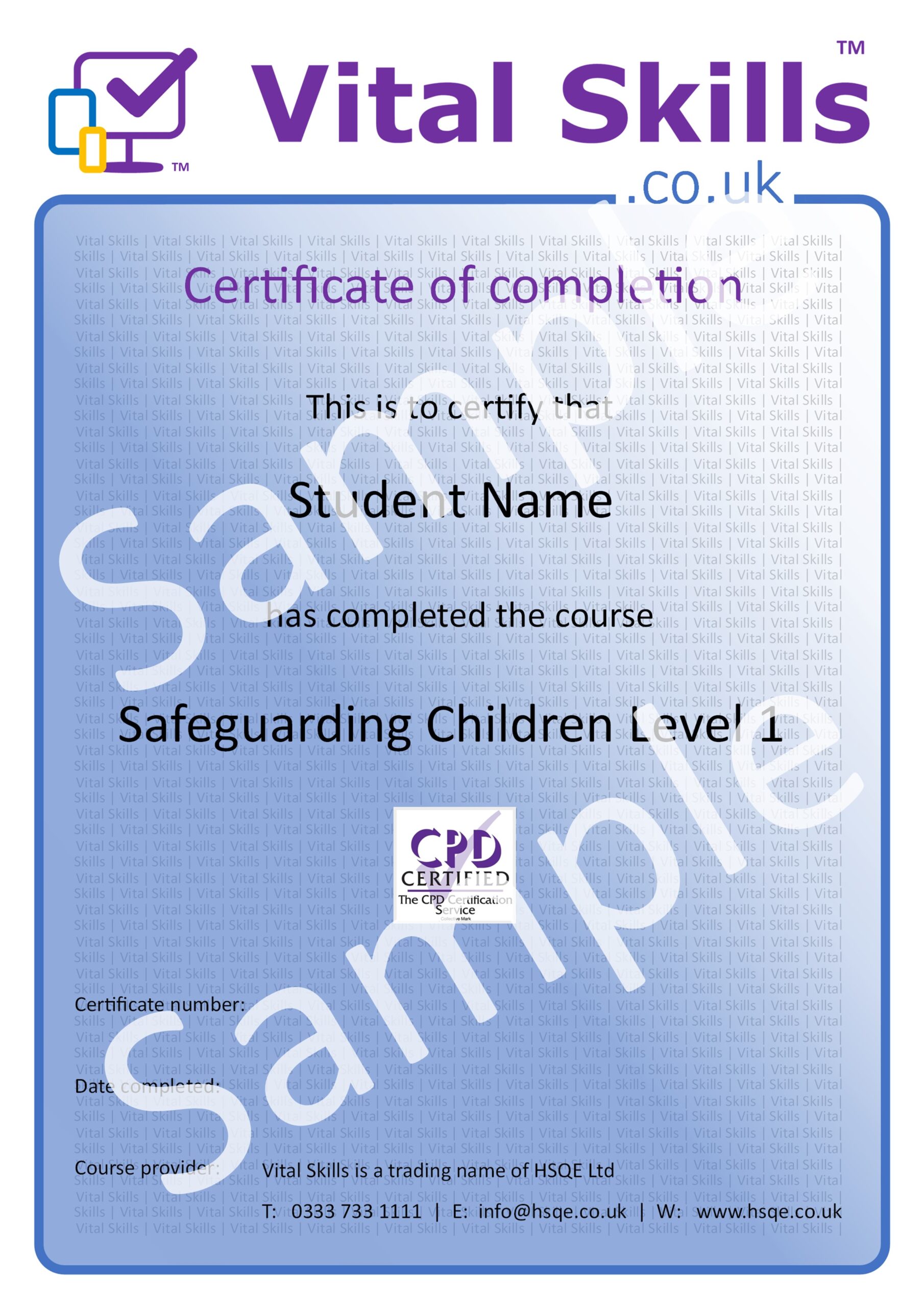 Safeguarding Children Level 1 Online Training Course Certificate HSQE Vital Skills