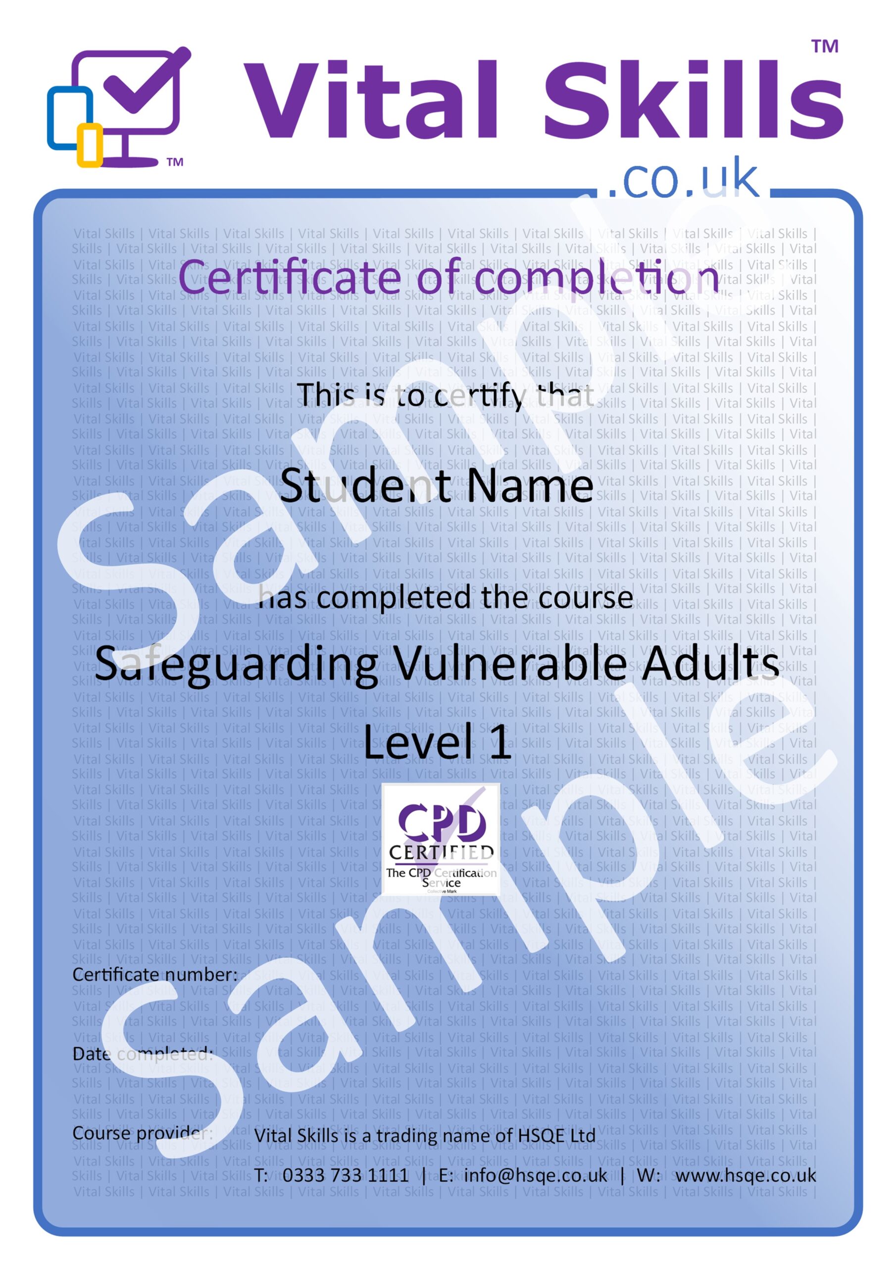 Safeguarding Vulnerable Adults Level 1 Online Training Course Certificate HSQE Vital Skills