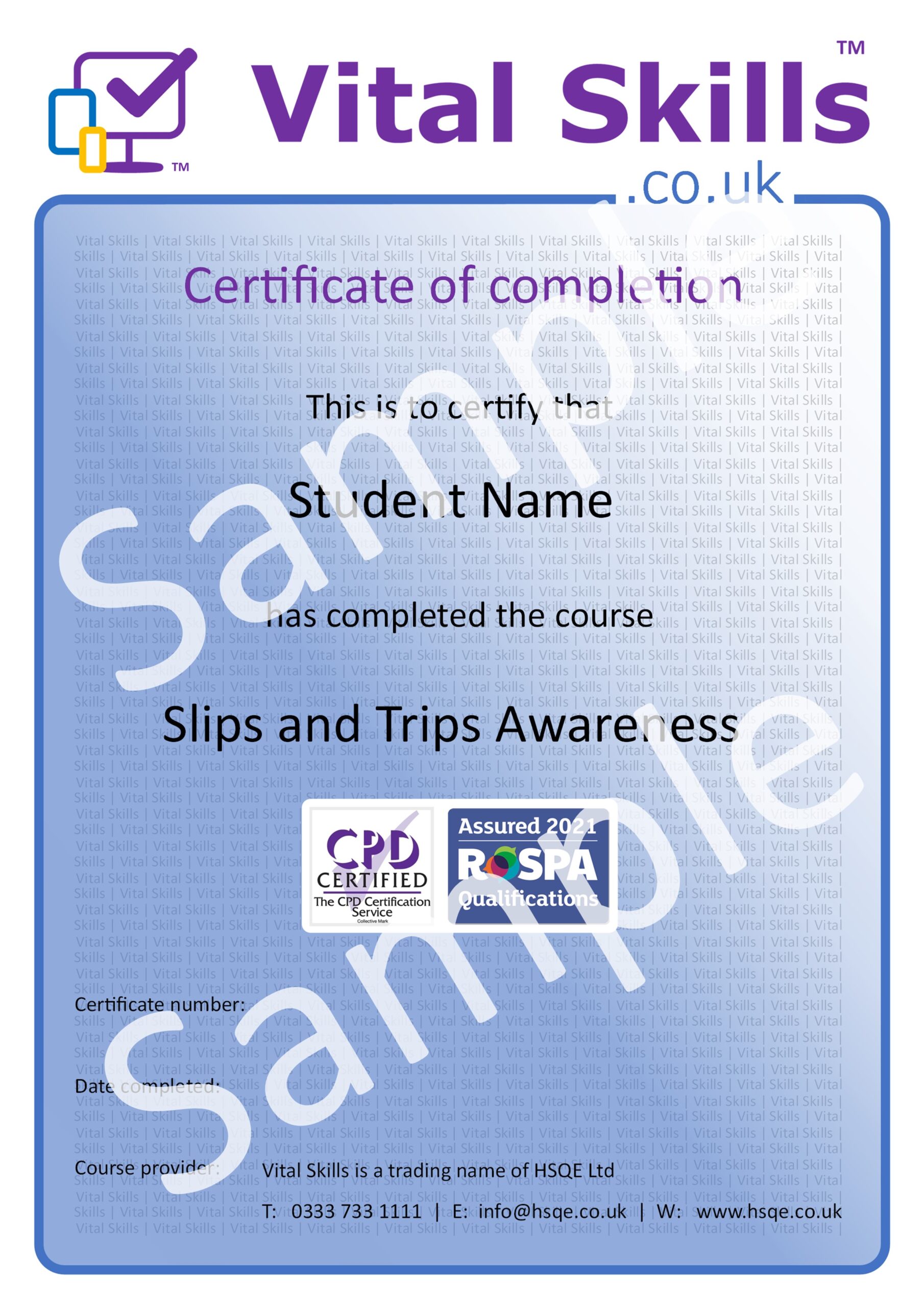 Slips and Trips Awareness Online Training Course Certificate HSQE Vital Skills