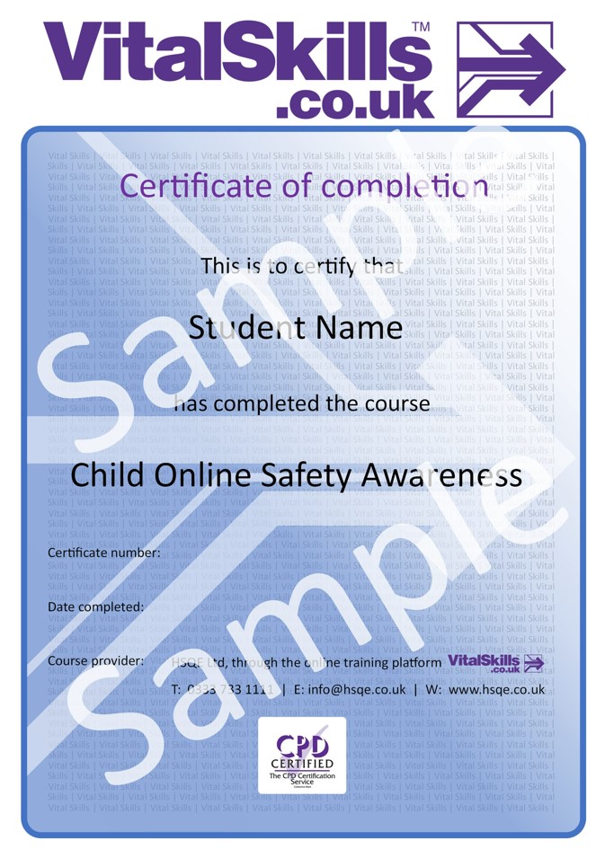 Child Online Safety Awareness Online Training Course Certificate HSQE Vital Skills