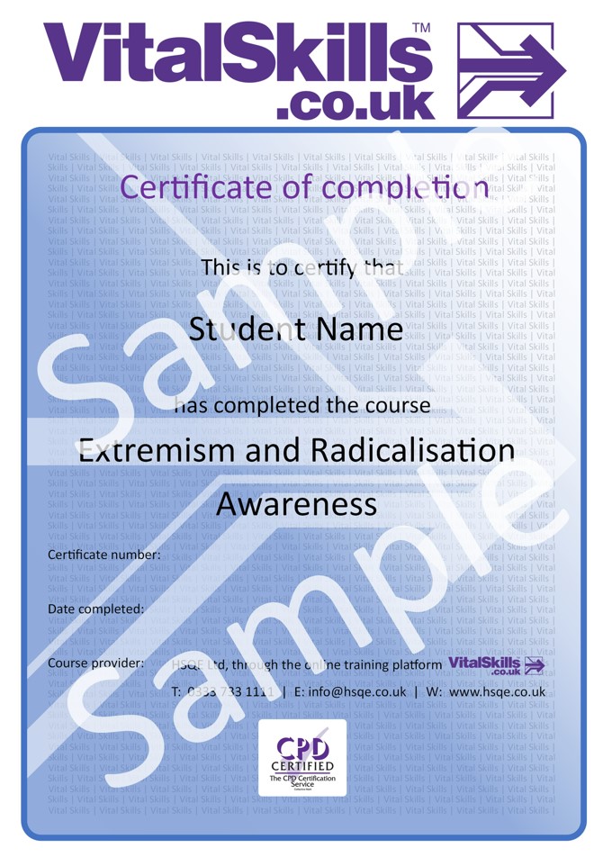 Extremism and Radicalisation Awareness Online Training Course Certificate HSQE Vital Skills