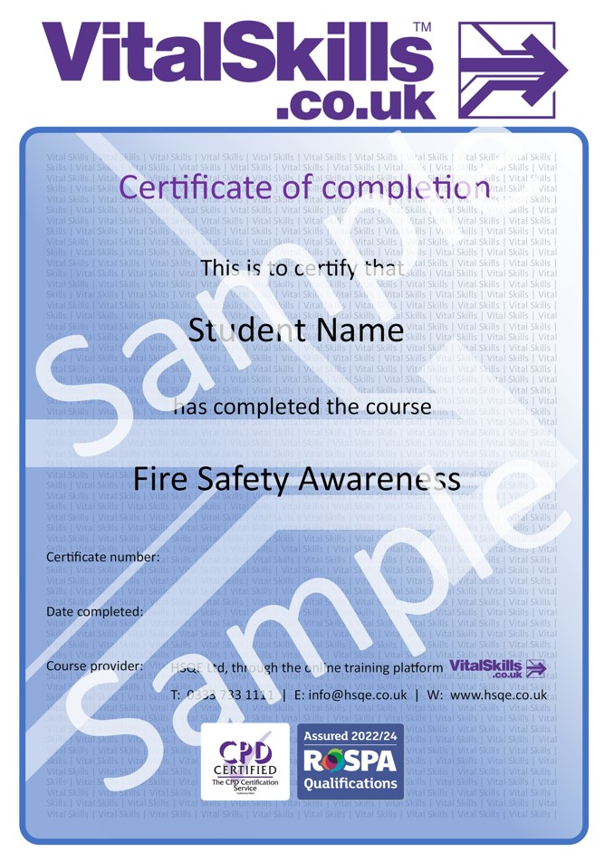 Fire Safety Awareness Online Training Course Certificate HSQE Vital Skills