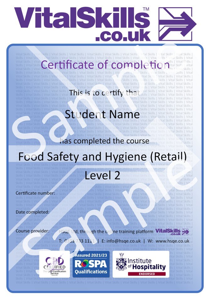 Food Safety and Hygiene (Retail) Level 2 Online Training Course Certificate HSQE Vital Skills
