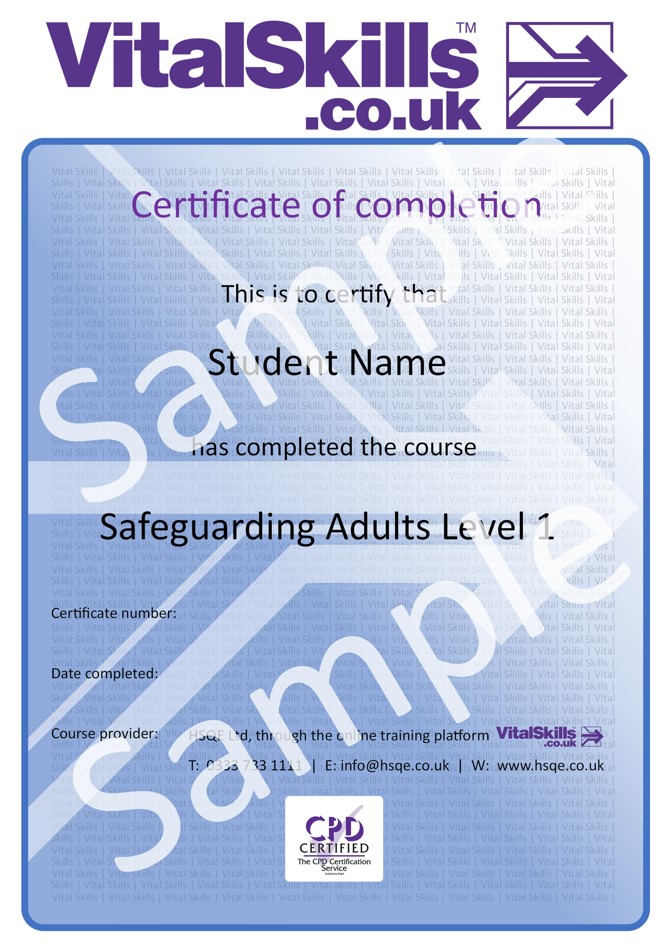 Safeguarding Adults Level 1 Online Training Course Certificate HSQE Vital Skills
