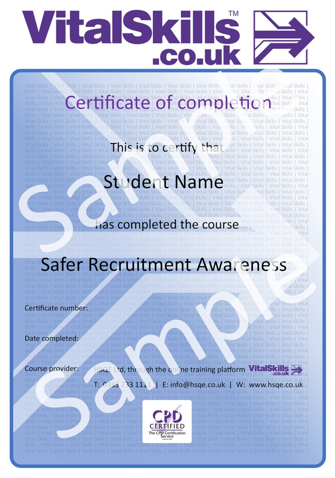 Safer Recruitment Awareness Online Training Course Certificate HSQE Vital Skills