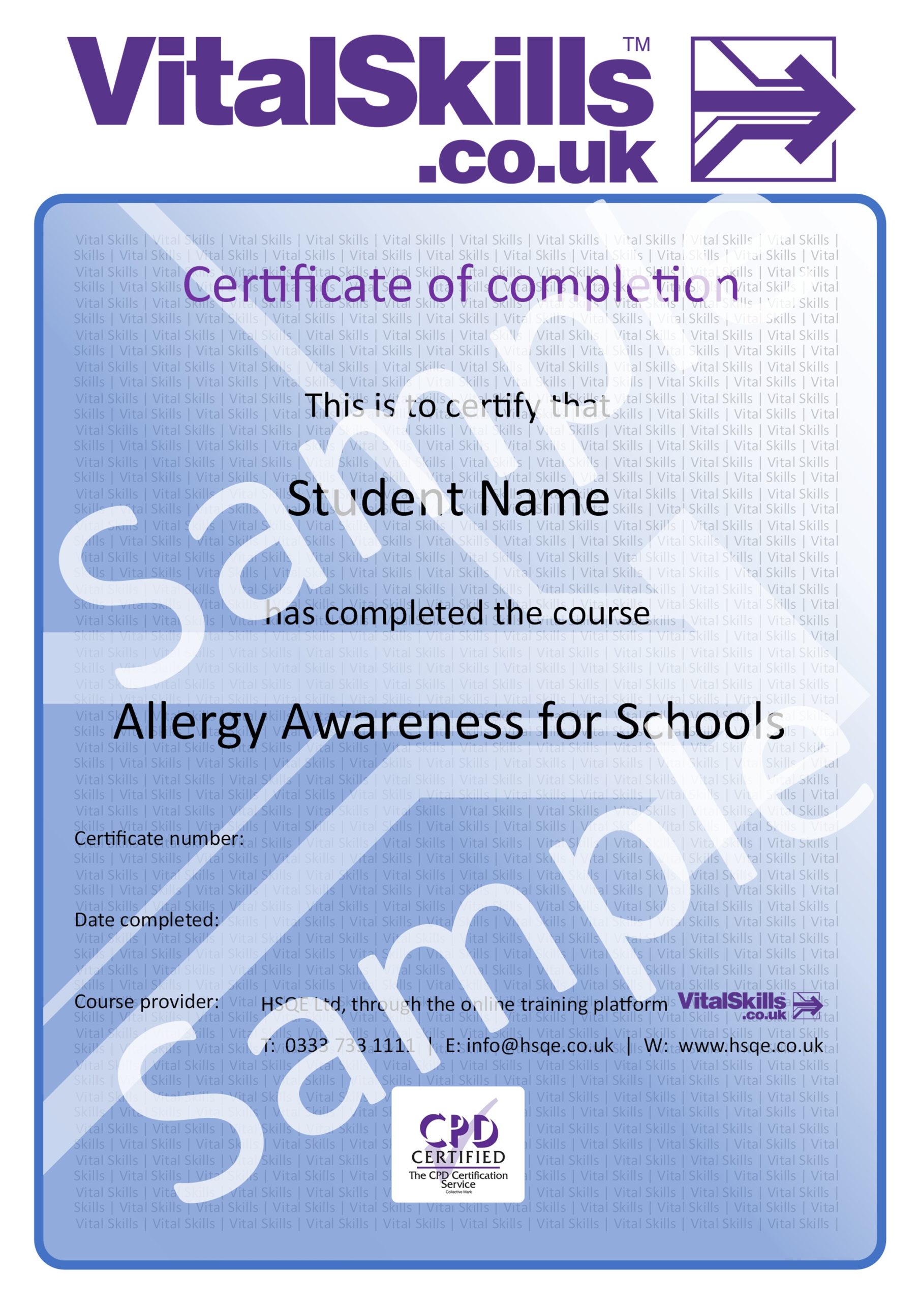 Allergy Awareness fo Schools HSQE Vital Skills Online Course Sample Certificate