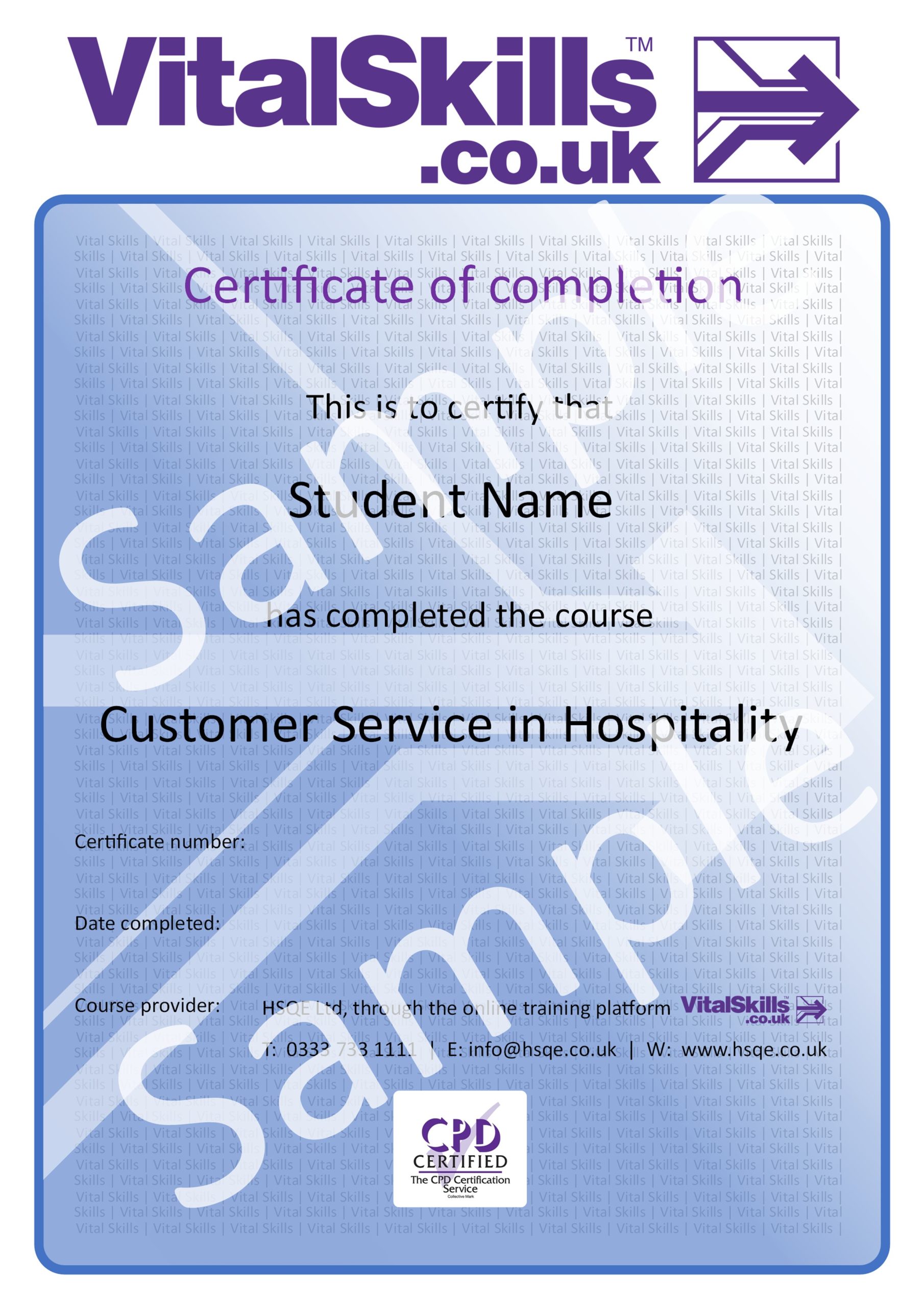 Customer Service in Hospitality HSQE Vital Skills Online Course Sample Certificate