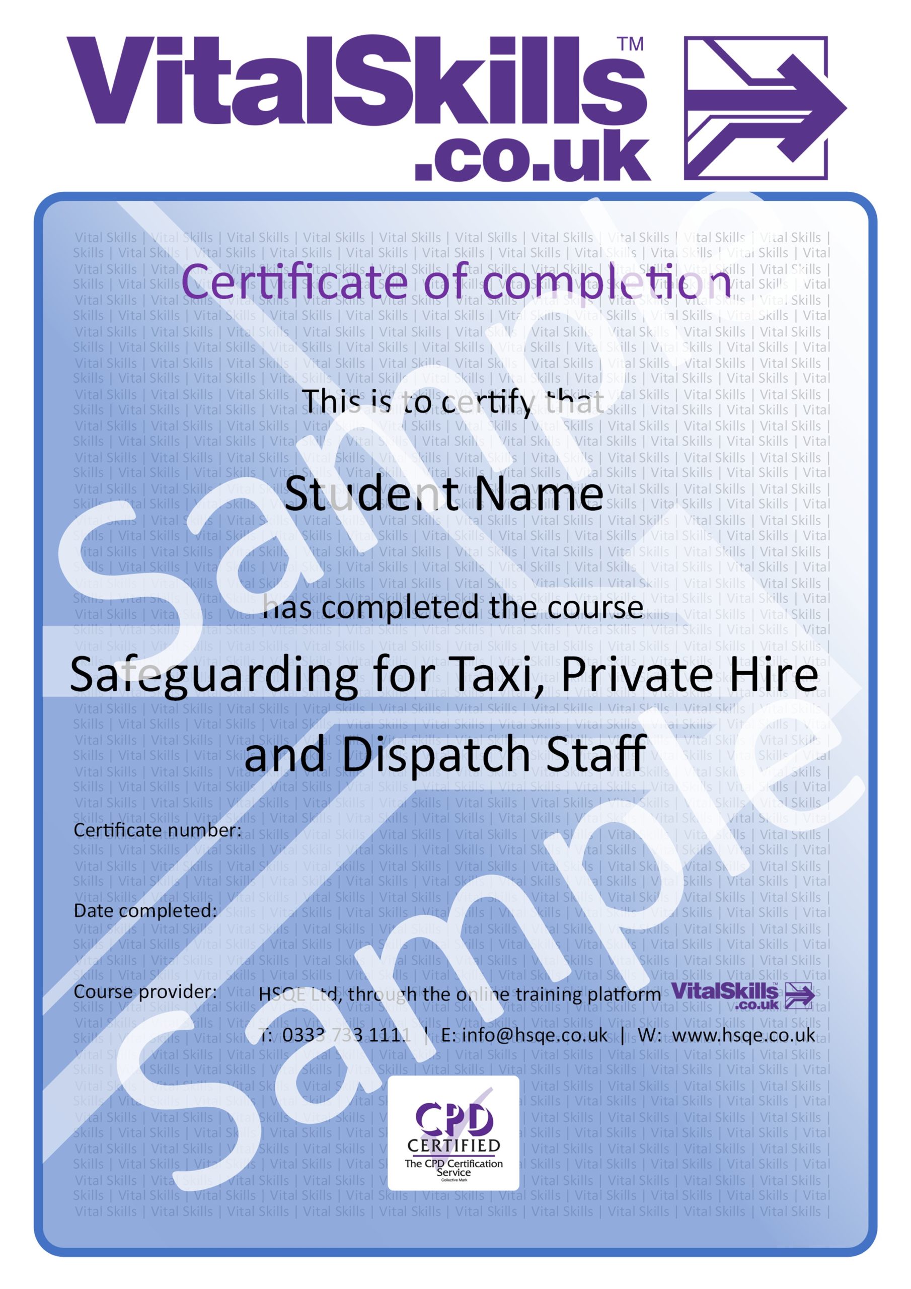 Safeguarding for Taxi Private Hire Dispatch Staff HSQE Vital Skills Online Course Sample Certificate